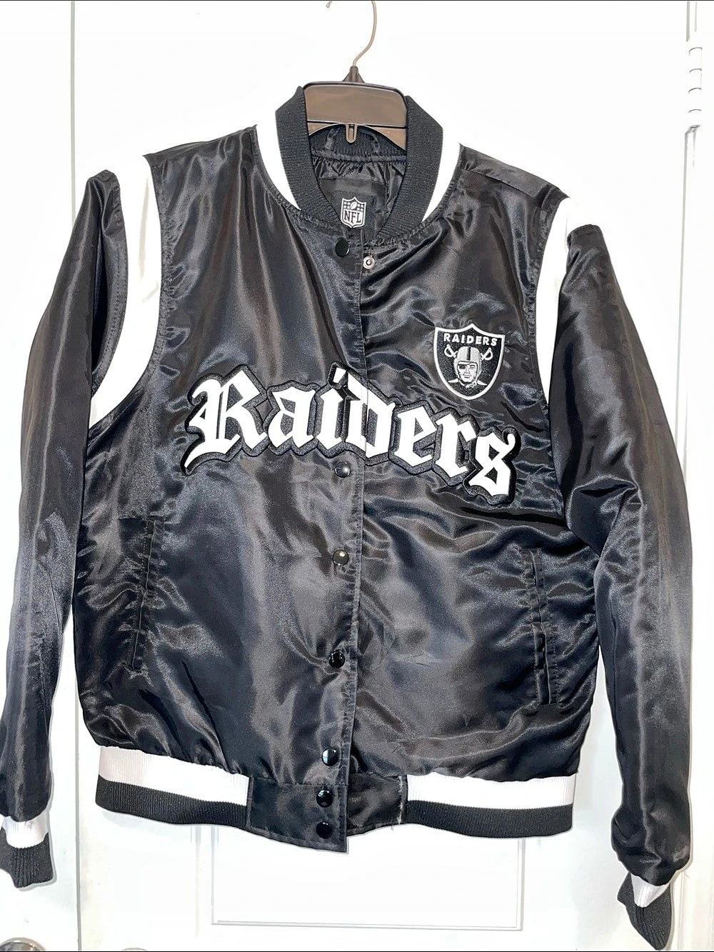 NFL Team Apparel Las Vegas Raiders Satin Varsity Bomber Jacket Black & White